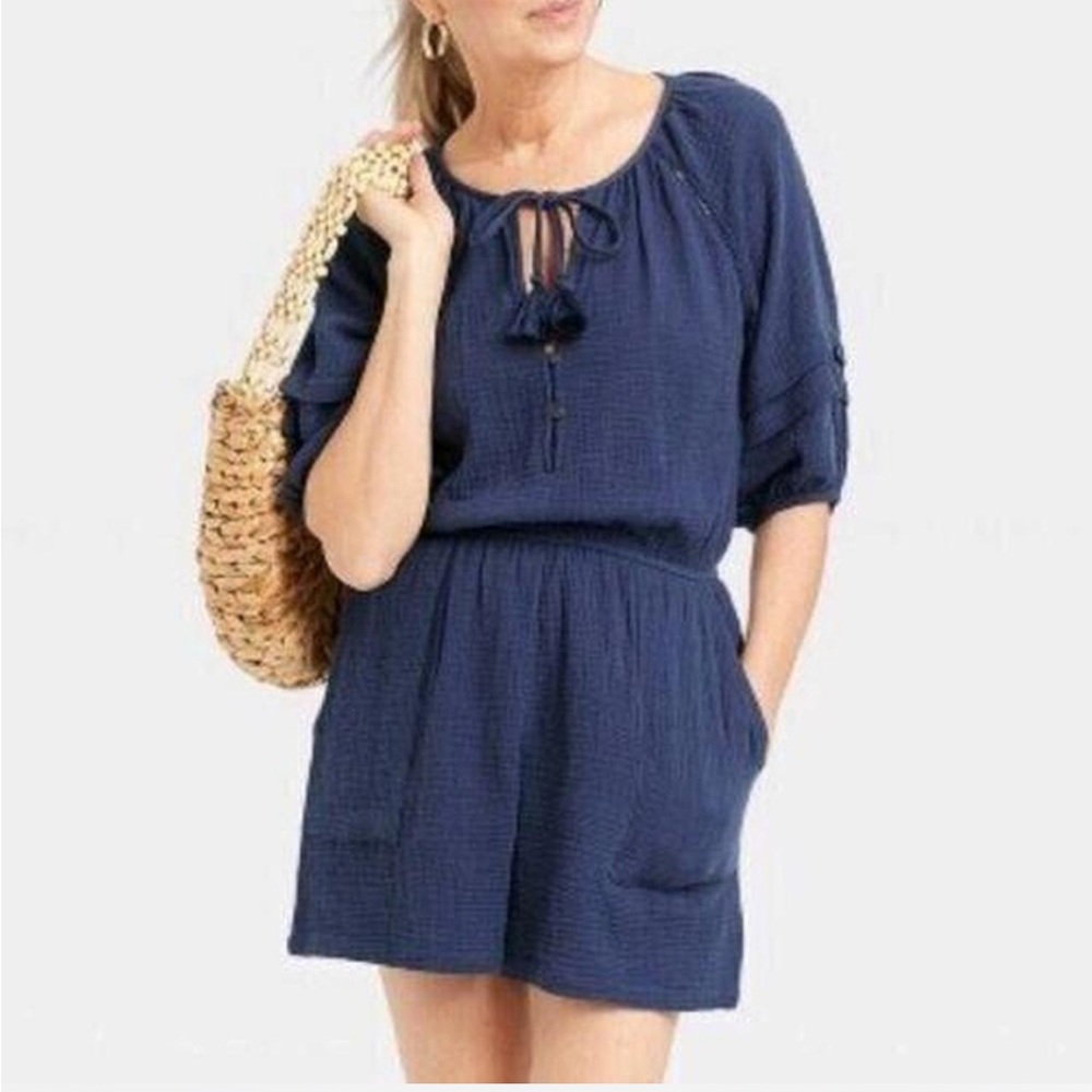 Knox Rose Navy Blue Gauze Romper Tassels Pockets Size M
